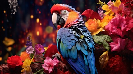 the spirit of New Year with a cheerful parrot, its feathers adorned with vibrant decorations, perched on a branch amidst colorful flowers, adding a tropical touch to the celebration.