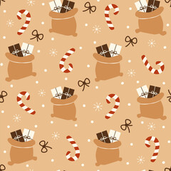 cute cartoon christmas seamless vector pattern background illustration with santa claus gift bag, candy cane and snowflakes
