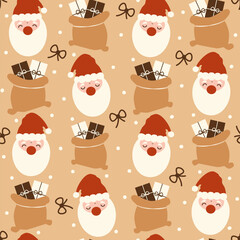 cute cartoon hand drawn christmas seamless vector pattern background illustration with santa claus face and gift bag	