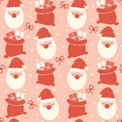 cute cartoon christmas seamless vector pattern background illustration with santa claus and gift bag	