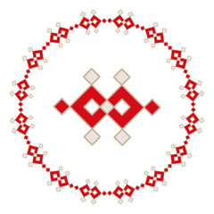 Obraz premium Red white geometric pattern. Square rhombus symmetrical abstract design graphic. Modern shapes background. Textured repeating tile mosaic art deco style concept element.