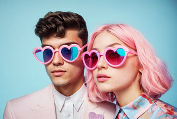 Gen Z fashion couple with trendy pink sunglasses, heart in the background, love and Valentine's day...