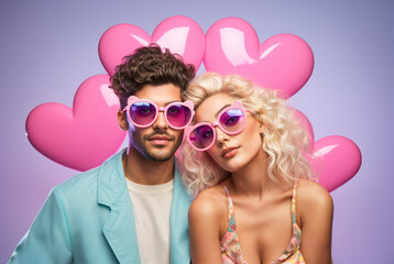 Gen Z fashion couple with trendy pink sunglasses, heart in the background, love and Valentine's day concept, fun pastel colors, hd