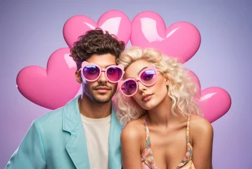 Poster Gen Z fashion couple with trendy pink sunglasses, heart in the background, love and Valentine's day concept, fun pastel colors, hd © OpticalDesign