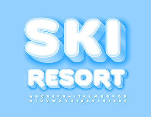 Vector snowy emblem Ski Resort. 3D cold Font. Creative isometric Alphabet Letters and Numbers set
