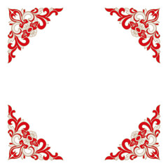 Red white floral corner design pattern. Symmetrical ornate intricate square frame border decoration. The swirling curls of flowers and leaves are elegant.