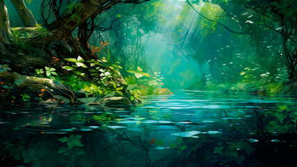 Beautiful Lush Green Forest Scenery. Water in the Woods. Fantasy Landscape Illustration. Forest River Nature Illustration. Generative AI. 