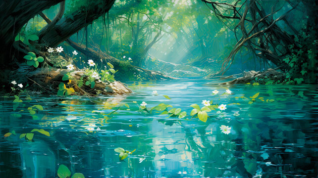 Beautiful Lush Green Forest Scenery. Clear Water and Lightbeam in the Woods. Fantasy Landscape Illustration. Forest River Nature Illustration. Generative AI. 