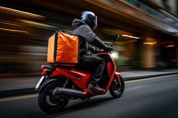 Food delivery man with a backpack on his back Riding a scooter on the way to a customer's house Fast delivery service