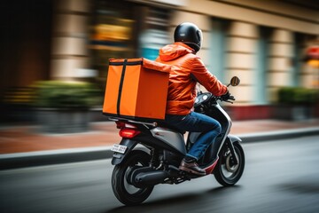 Food delivery man with a backpack on his back Riding a scooter on the way to a customer's house Fast delivery service