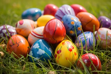 Fototapeta na wymiar Divertidos huevos de pascua en una cesta para celebrar la pascua. 