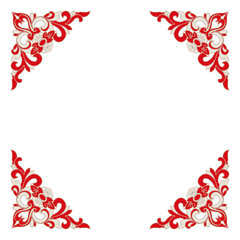 Red white floral corner design pattern. Ornate decorative border frame. Abstract art graphics.