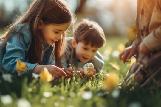 Niños buscando huevos de pascua en un jardín. 