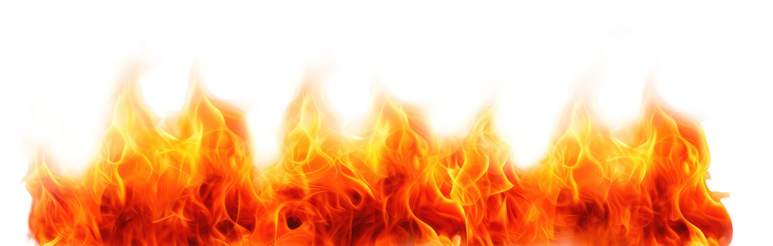 Row of Fire flames isolated on cutout PNG transparent background