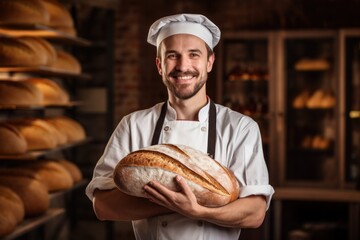 Baker in chef uniform holding fresh bakery bread food production industry