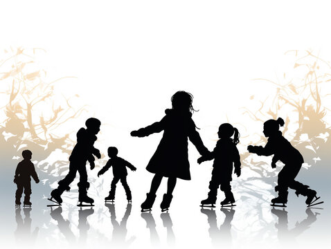 Children are having fun playing ice-skating. 2D flat silhouette style illustration.

