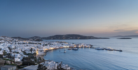 Looking across the harbour in Mykonos town on Mykonos island one of the Cyclades islands in Greece