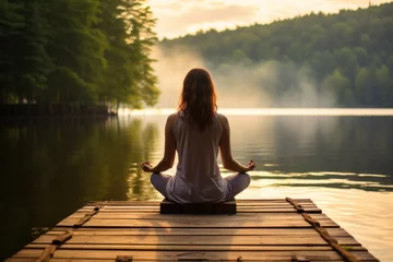  Young woman meditating on a pier on the edge of a lake © ORG