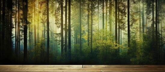 The colorful wallpaper with a textured design features a beautiful European landscape with a lush green forest where the background of the image showcases the stunning wood texture of the tr
