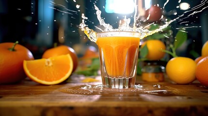 Fresh orange juice splashing out of a glass with fruits on the background