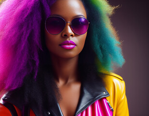 A beautiful black woman in a colourful leather jacket, with purple and green hair, wearing sunglasses, on a multicoloured background