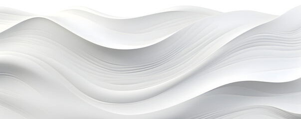 Minimalistic abstract background with white 3D waves. Banner with white glossy soft wavy embossed texture isolated on white background.  Horizontal poster with copy space for text.