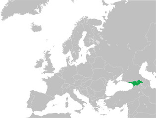 Green CMYK national map of GEORGIA inside detailed gray blank political map of European continent with lakes on transparent background using Mercator projection