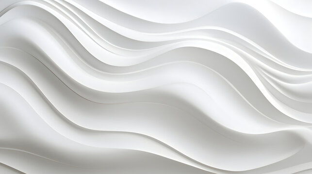Minimalistic abstract background with white 3D waves. Banner with white glossy soft wavy embossed texture isolated on white background. Horizontal poster with copy space for text. © Irina