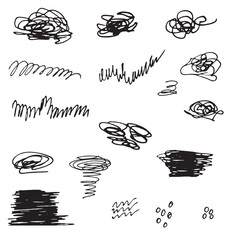 Vector set of different grungy graphic elements. Street art texture hand drawn pencil underlines and strikethrough, scribble emphasis lines, crazy hatches, ovals. Each element is united and isolated.