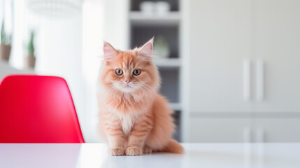 A red kitten sits on the table of a bright room, generative AI