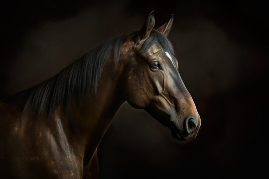 Elegant horse isolated on a black background. Close-up portrait of a horse.