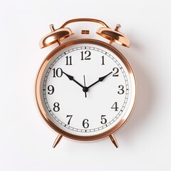 Front view of a shiny vintage analog alarm clock on white background