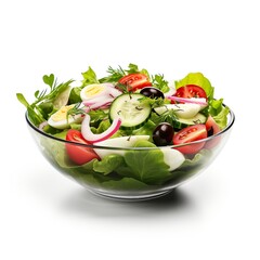 Fresh salad with greens, tomatoes, cucumbers, olives, cheese, and onions on a white background