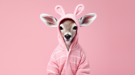 Cute hooded reindeer in pink color on pink background, generative AI