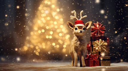 Fototapeta na wymiar A little Christmas reindeer among the bright lights, generative AI