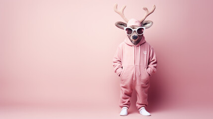Pink color banner with stylish reindeer in pink pajamas and glasses, generative AI