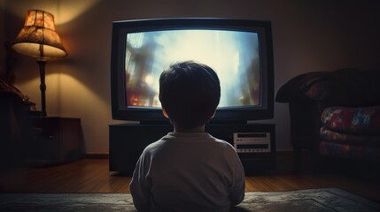 Back view of a little boy sitting in front of tv. Child watching television in dark living room - obrazy, fototapety, plakaty