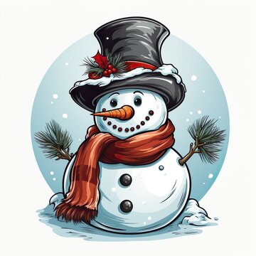Cute watercolor snowman with hat and scarf, with carrot nose, christmas, clipart
