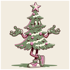 Groovy retro Christmas tree cartoon characters,Christmas vector comic illustrations with Christmas tree.