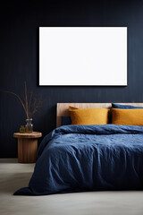 Dark modern bedroom interior with a large blank horizontal poster on the dark blue wall above the bed with yellow pillows and blue blanket decor on the wooden bedside table on a light floor.