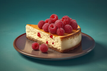 Piece of cheesecake with raspberries on a blue background