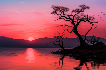 Serenity Unveiled: Salmon Sunset, Lake and Majestic Mountain Ranges with Lone Bare Tree Silhouette
