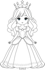 Fototapeta premium Coloring page cute princess. Flat vector outline for kids coloring book