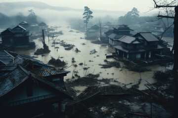 Rising Waters: A Catastrophic Event and the Race to Save a Flooded Village, When Nature Strikes: Devastation and Recovery in a Flooded Village AI Generative - obrazy, fototapety, plakaty