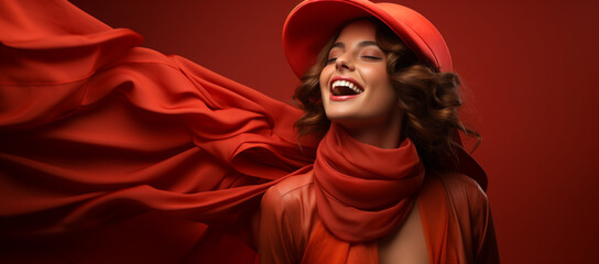 Radiant Laughter: Woman Laughing on a Red Background with Crimson Hues