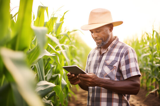 Farmer afro american using technology to monitor the crop