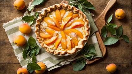 Appetizing pie with apricots in the kitchen
