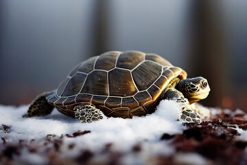 Obraz premium A resilient tortoise's serene snowy sojourn. A journey through the winter landscape