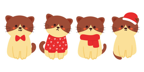 set of hand drawing cartoon cat sticker set. cute cat with winter element. cute animal drawing for sticker, icon