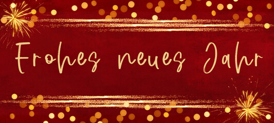 Frohes neues Jahr 2024 Silvester Neujahr Feiertag Banner Grußkarte Illustration - Goldenes Feuerwerk, Glitzerstreifen und deutscher Text, isoliert roter Textur Hintergrund